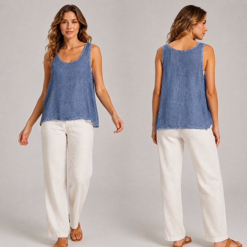 Pronto Moda Italy Blue Mineral Wash Linen Blend Tank Top XL Scoop Neck Womens